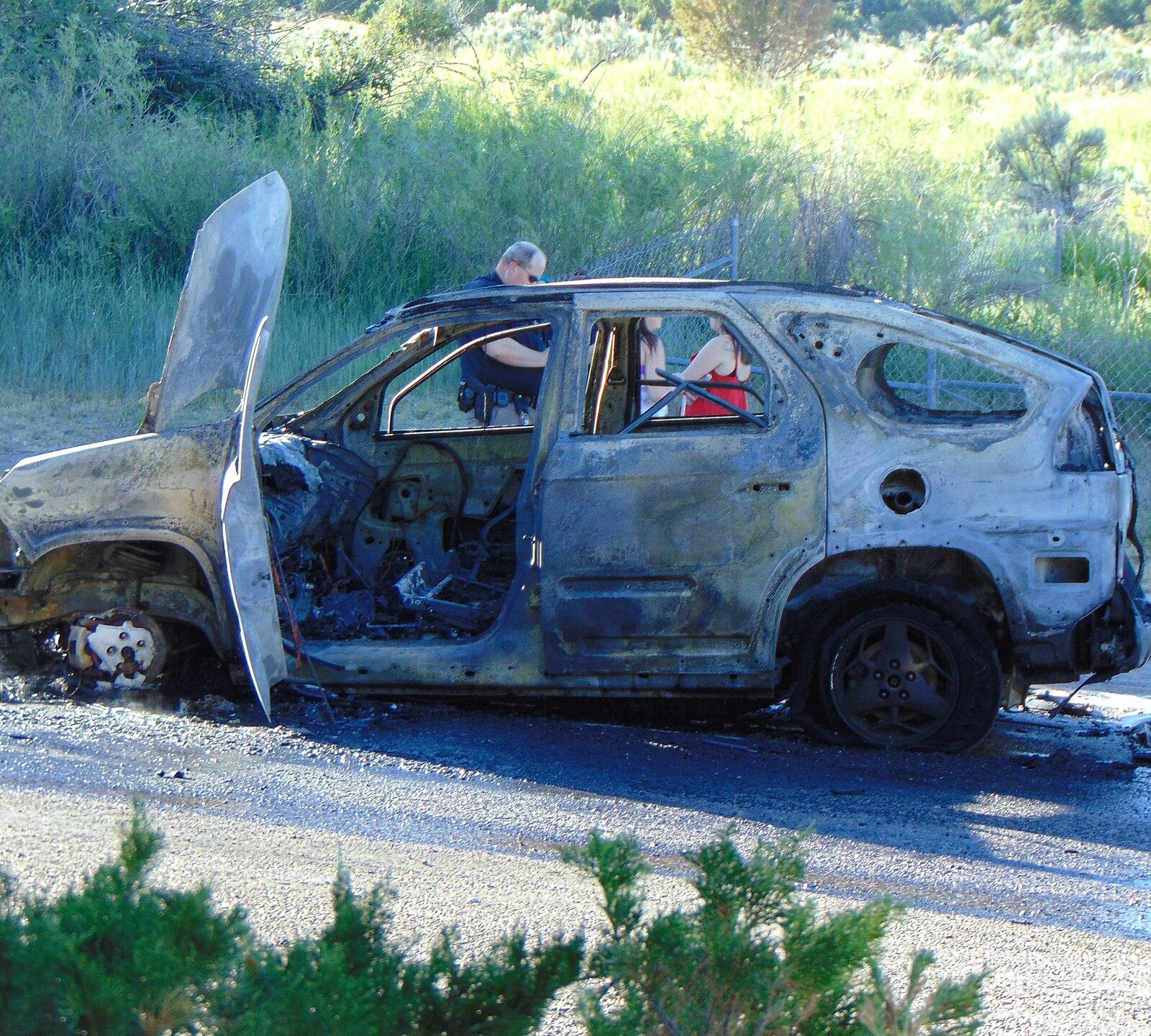 Burned vehicle at Malad Summit Rest Area, Jun 17